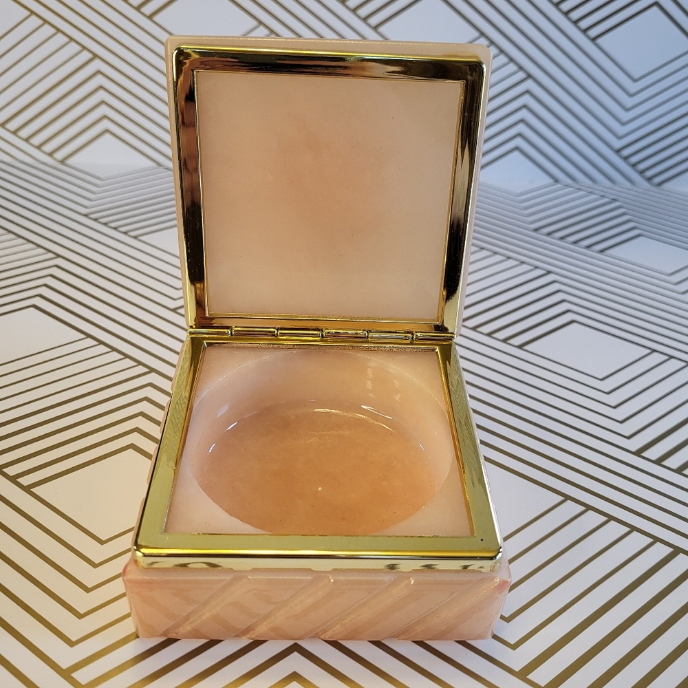 VTG Genuine Alabaster Stone Square Trinket Jewelry Box Hinged Peach Floral Brass - Picture 8 of 15